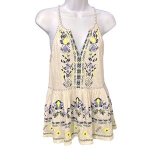 Maeve Blue and White Embroidered Peplum Tank Top